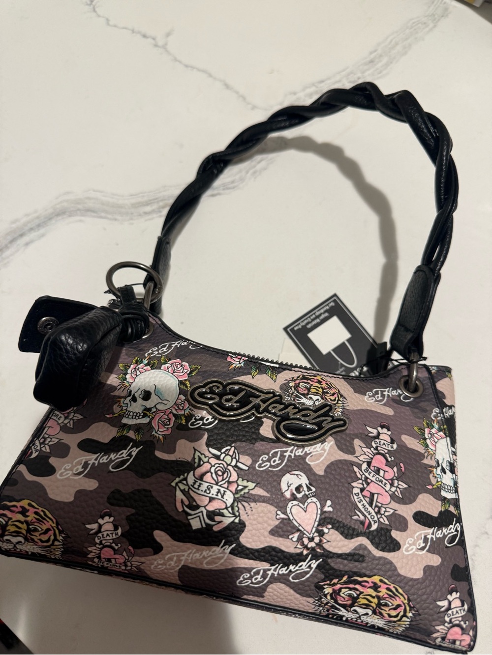 Ed Hardy Pink Camo Tattoo Shoulder Bag with Braided Handle